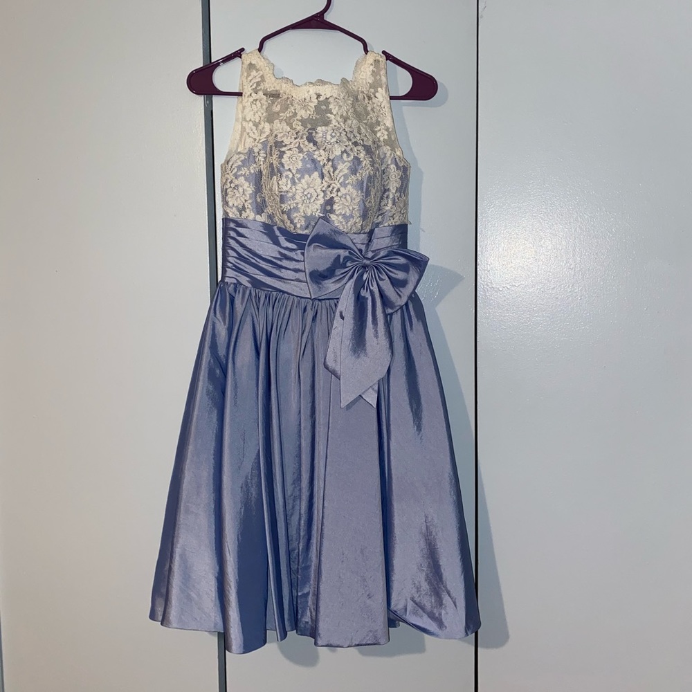 Short light blue dress, with lace halter top.
